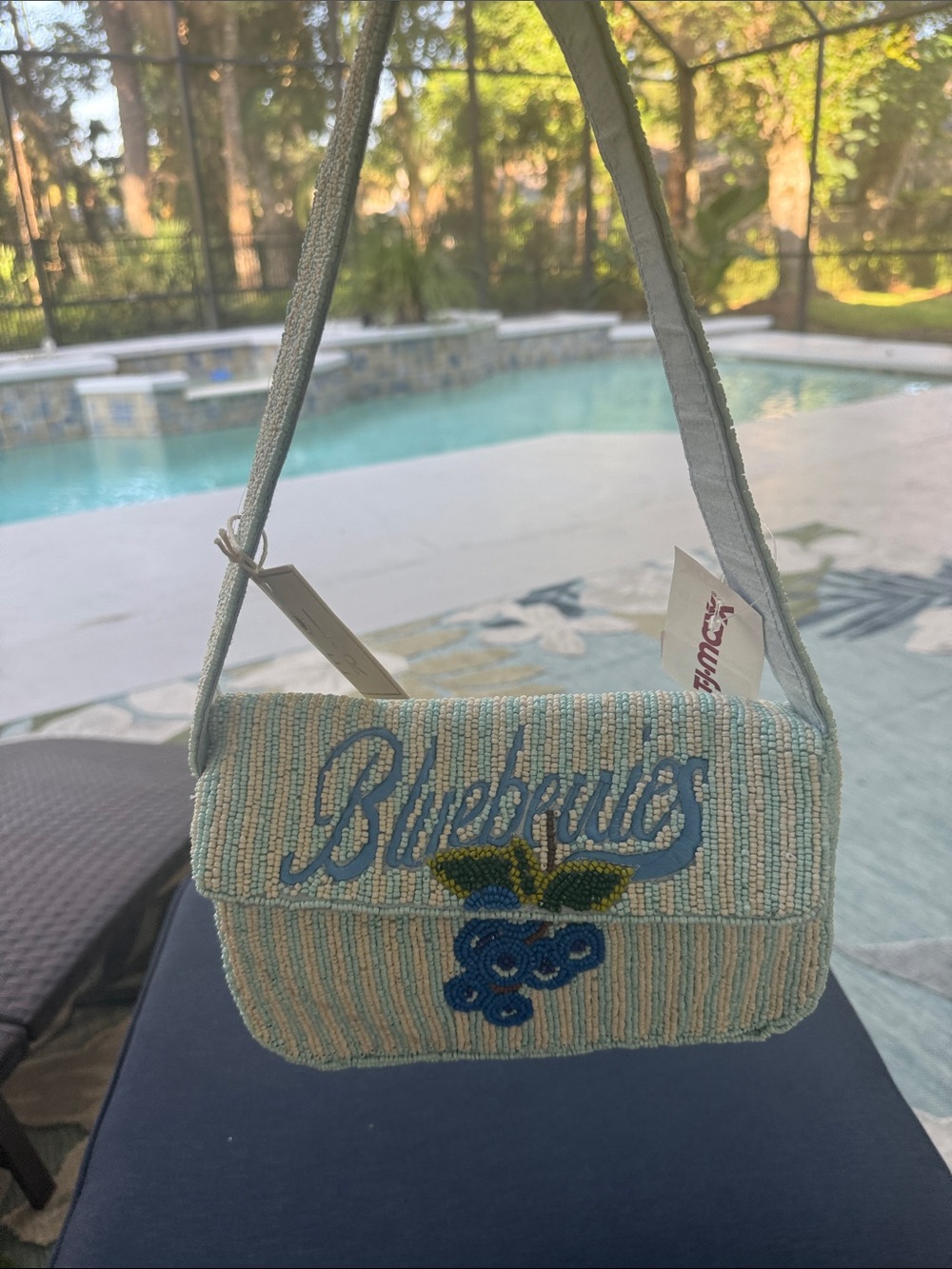 Beaded Blue 'Blueberries' Script Crossbody Bag